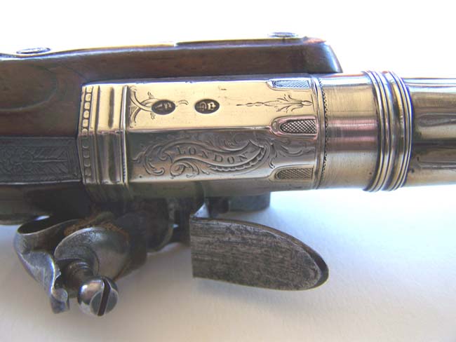 An EXCEPTIONALLY RARE  British Flintlock 'Paktong' Mounted Four Barrelled Naval Volley Pistol circa 1775 — image 4